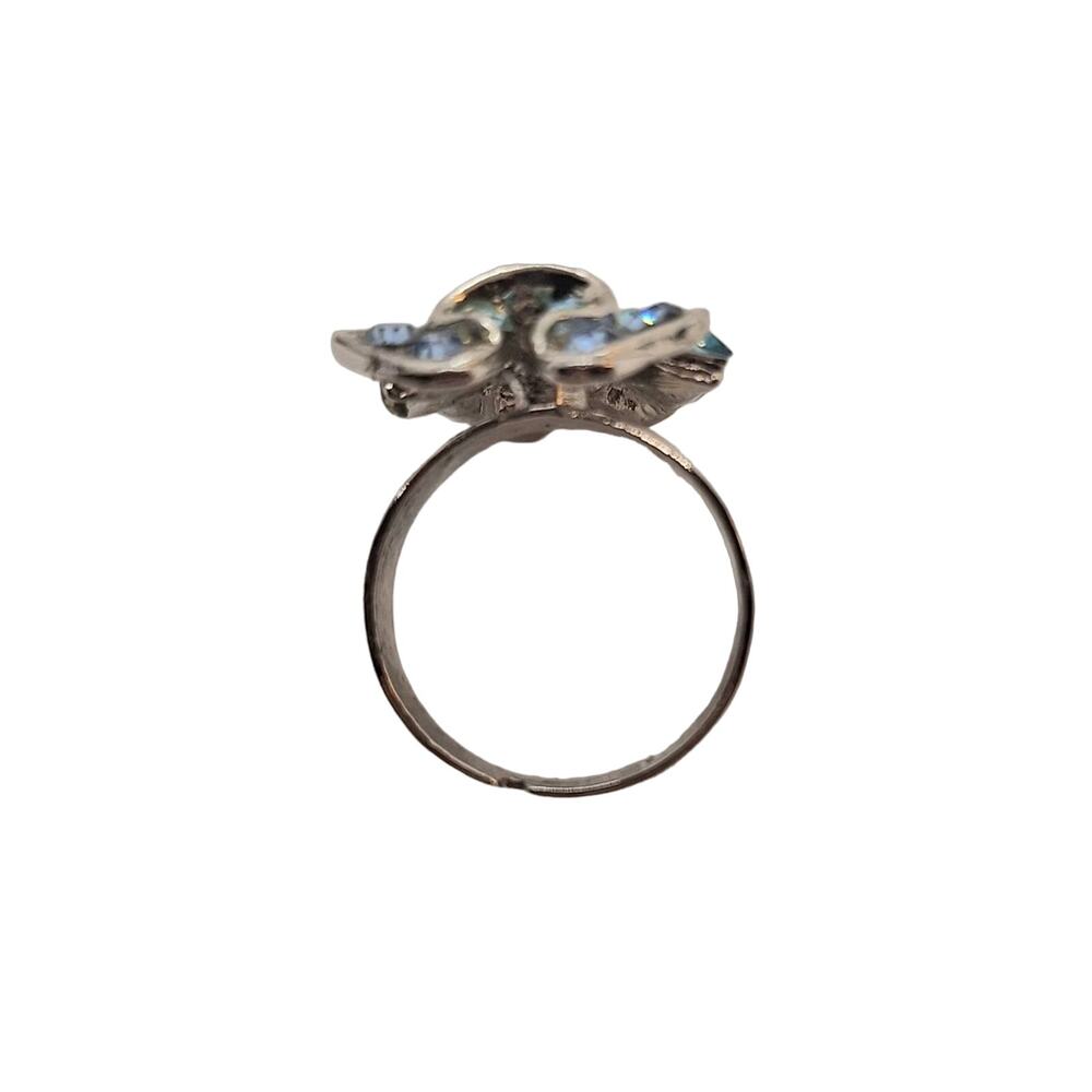Adjustable Turquoise Rhinestone Ring Ruffle Shape Silver Tone - Picture 3 of 5